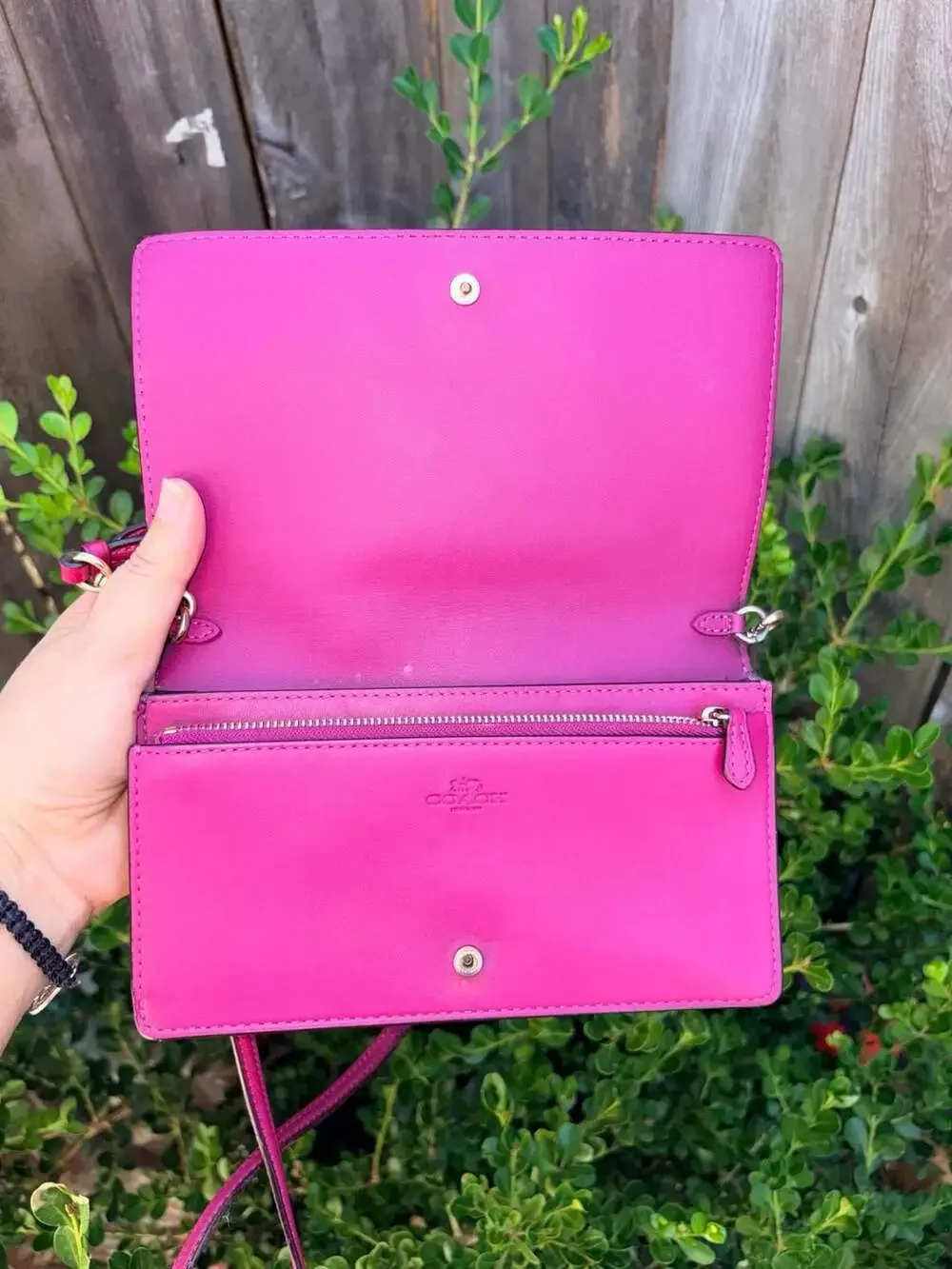 Coach Anna Foldover Clutch Crossbody Bag in Signature Canvas Khaki and Pink